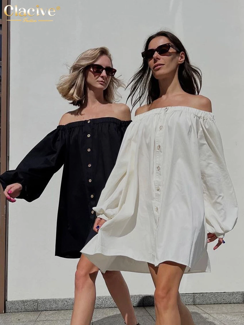 

Clacive Sexy Black Off Shoulder Mini Dress Lady Autumn Fashion Puff Sleeve Dress Elegant Single-Breasted Dresses For Women 2022