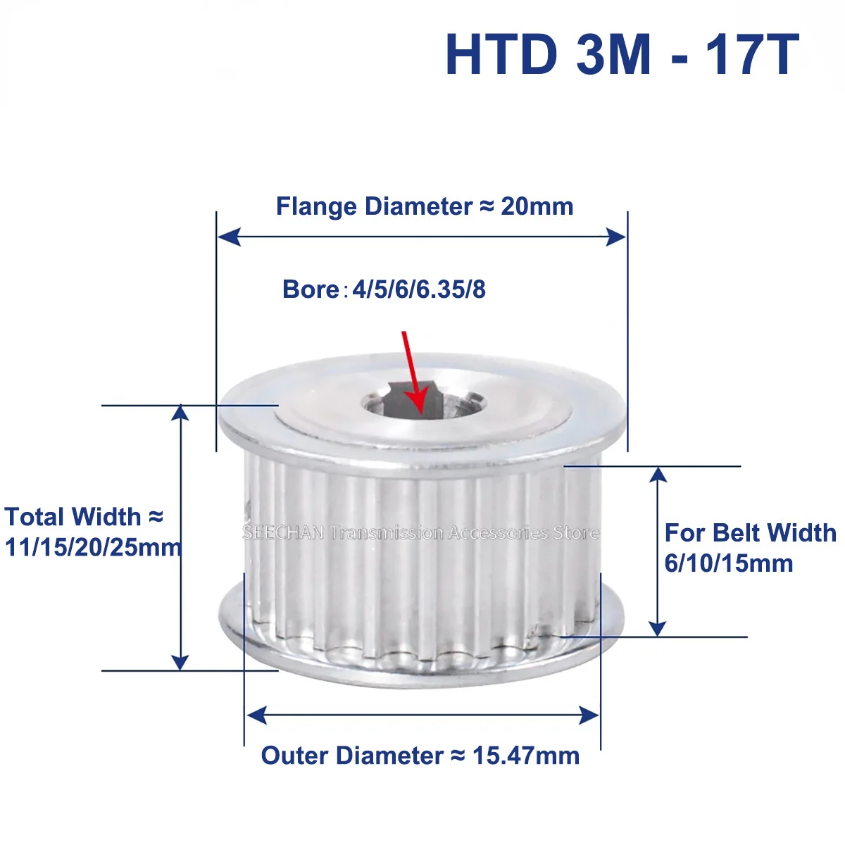 

17 зубьев HTD 3M, синхронный шкив с отверстием 4/5/6/6.35/8 мм для ширины 6/10/15 мм HTD3M, Ремень ГРМ HTD3M, шкив с 17 зубьями 17 T