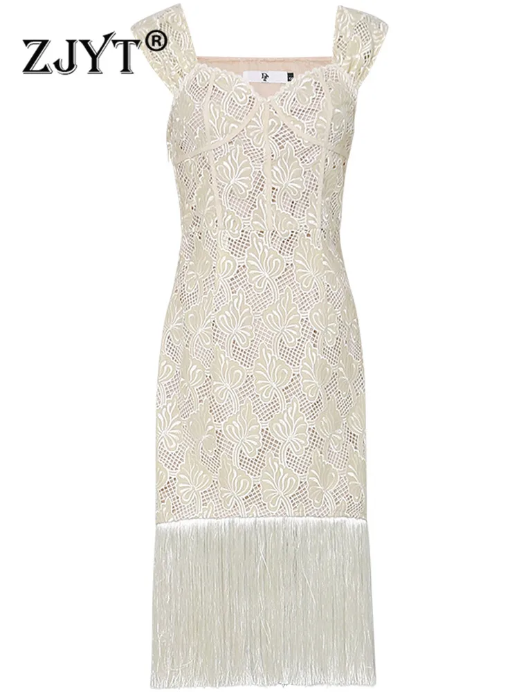 

ZJYT Runway Fashion Summer Romantic Tassel Patchwork Embroidery Lace Dress for Women Party Elegant Sleeveless Sexy Cocktail Robe