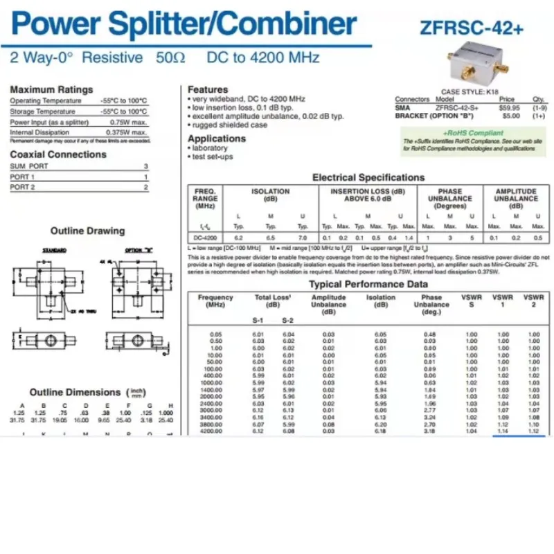 ZFRSC-42-S + Mini-Circuits DC-4200MHz 50OHm SMA RF микроволновый разделитель мощности 2-канальный