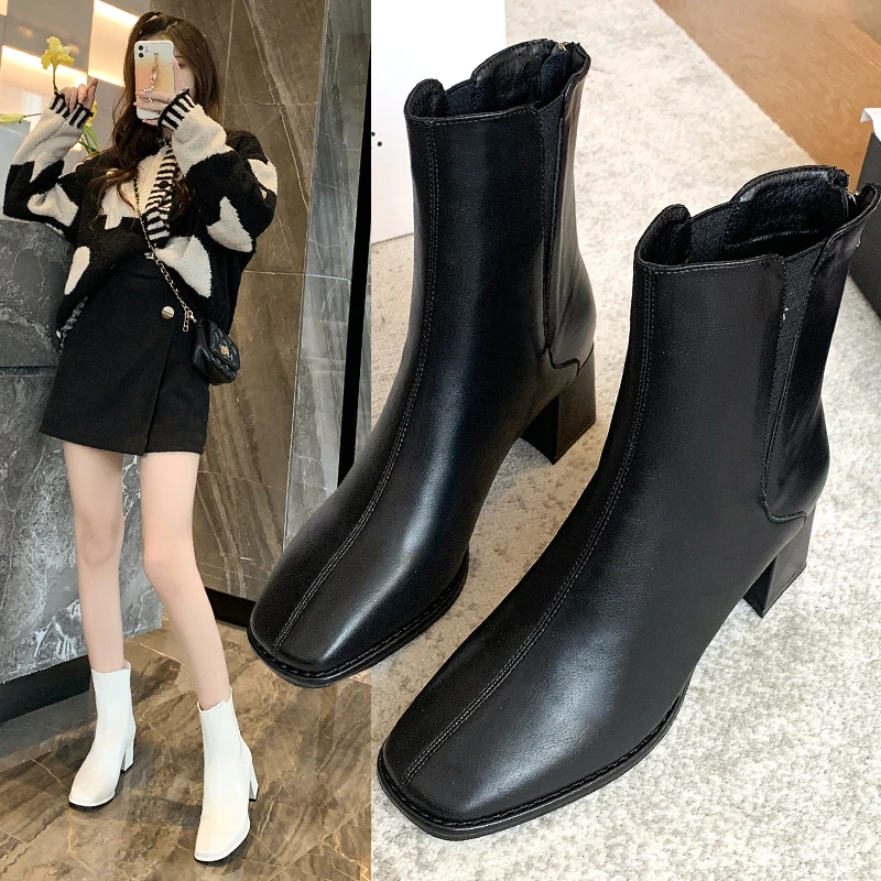 

Short Boots Women's High-heeled Thick-heeled Slim Shoes 2022 Autumn Winter New Square Toe Boots Elastic Zipp Ankle Boot