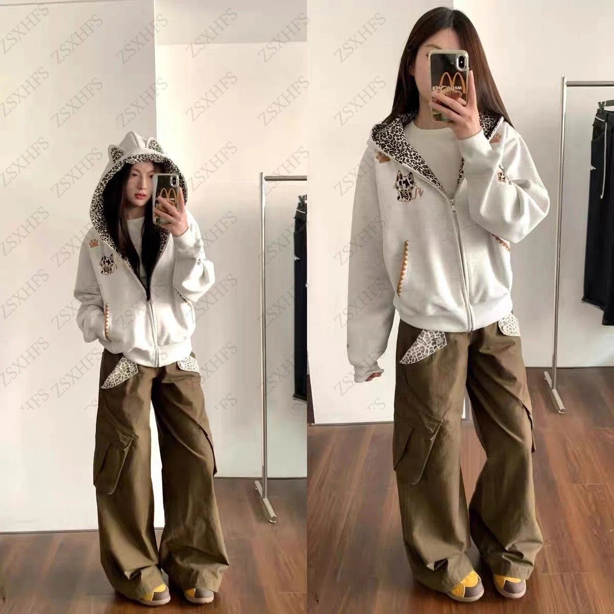 Фото Толстовки Cuteore с леопардовым принтом и кошачьими ушками, уличная одежда 2000-х годов в стиле Харадзюку для горячих девушек, однотонная толстовка на молнии, пальто, винтажная толстовка Kpop №5