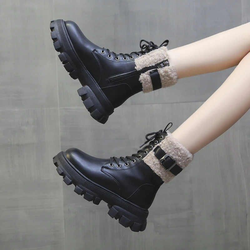 Thick Soled Leather Ankle Boots Women's 2023 New Lace Up Thickened Thermal Short Boots Women's Thick Soled Winter Shoes Women's