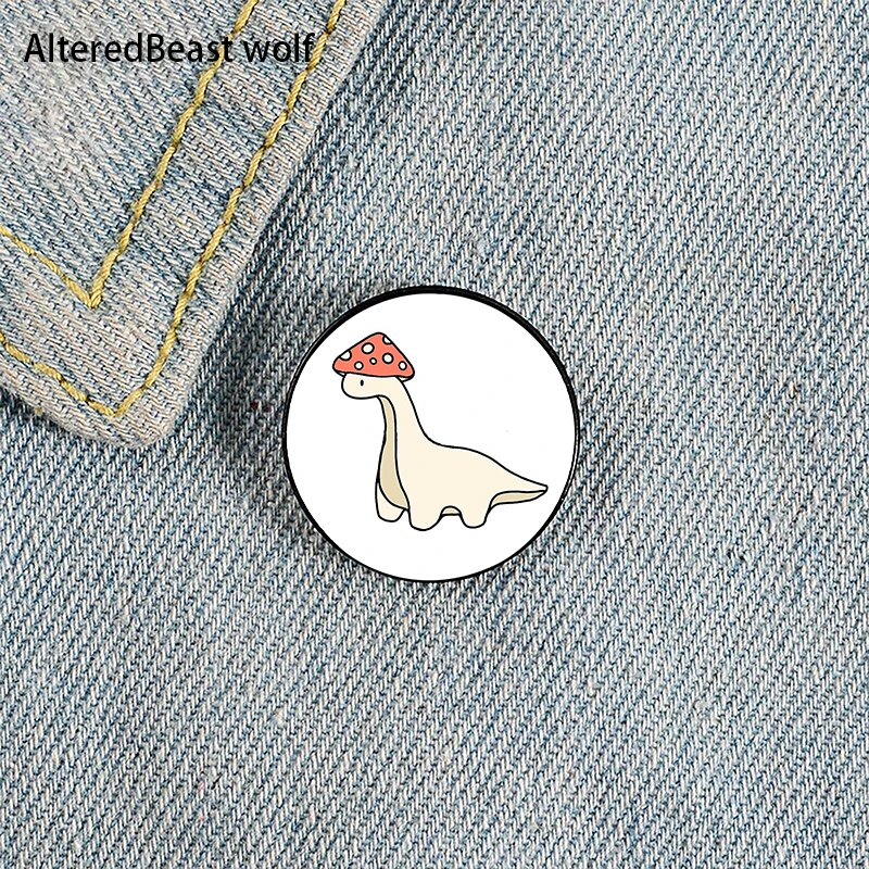 

Simple Red and White Mushroom Hat Brontosaurus Dinosaur Pin Custom Brooches Shirt Lapel Bag Badge Gift for Lover Girl Friends