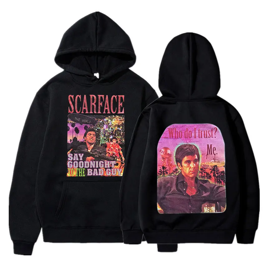 

Vintage Scarface Tony Montana 90s Movie Hoodies Double Sided Graphic Print Oversized Hoodie Hip Hop Punk Sweatshirts Streetwear