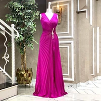 hot pink v neck evening dress pleats soft satin crystal beading sleeveless prom dresses side slit long evening party gown