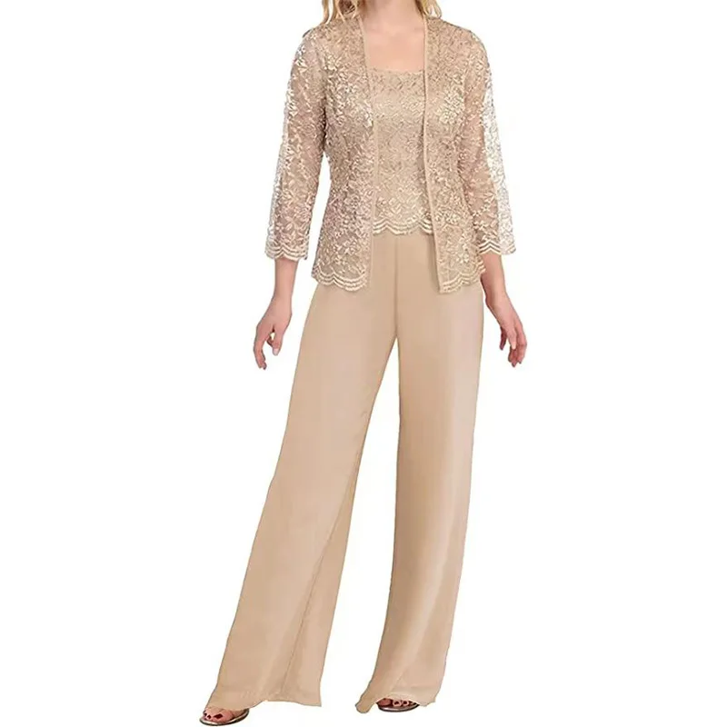 

Women's Chiffon and Lace 3-piece Mom's Suit Pants Wedding Guest Party Evening Dress