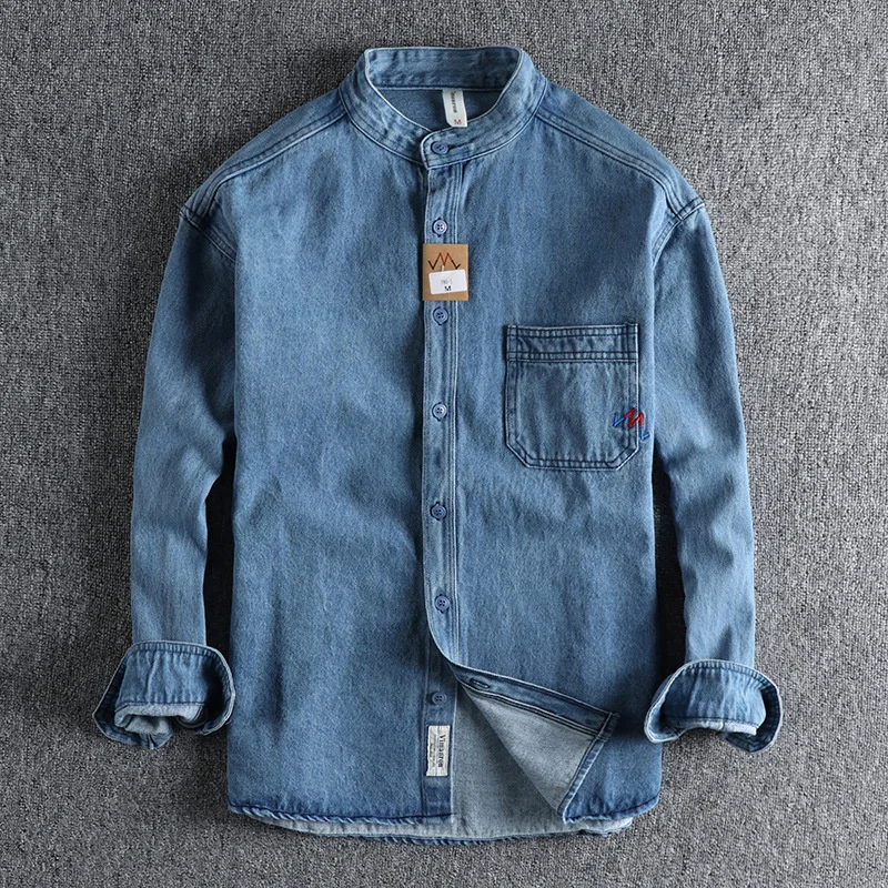 

Men's Vintage Washed Denim Long Sleeve Jeans Shirt Harajuku Streetwear Stand Collar Hardboiled Fashion Casual Tops Shirts Man