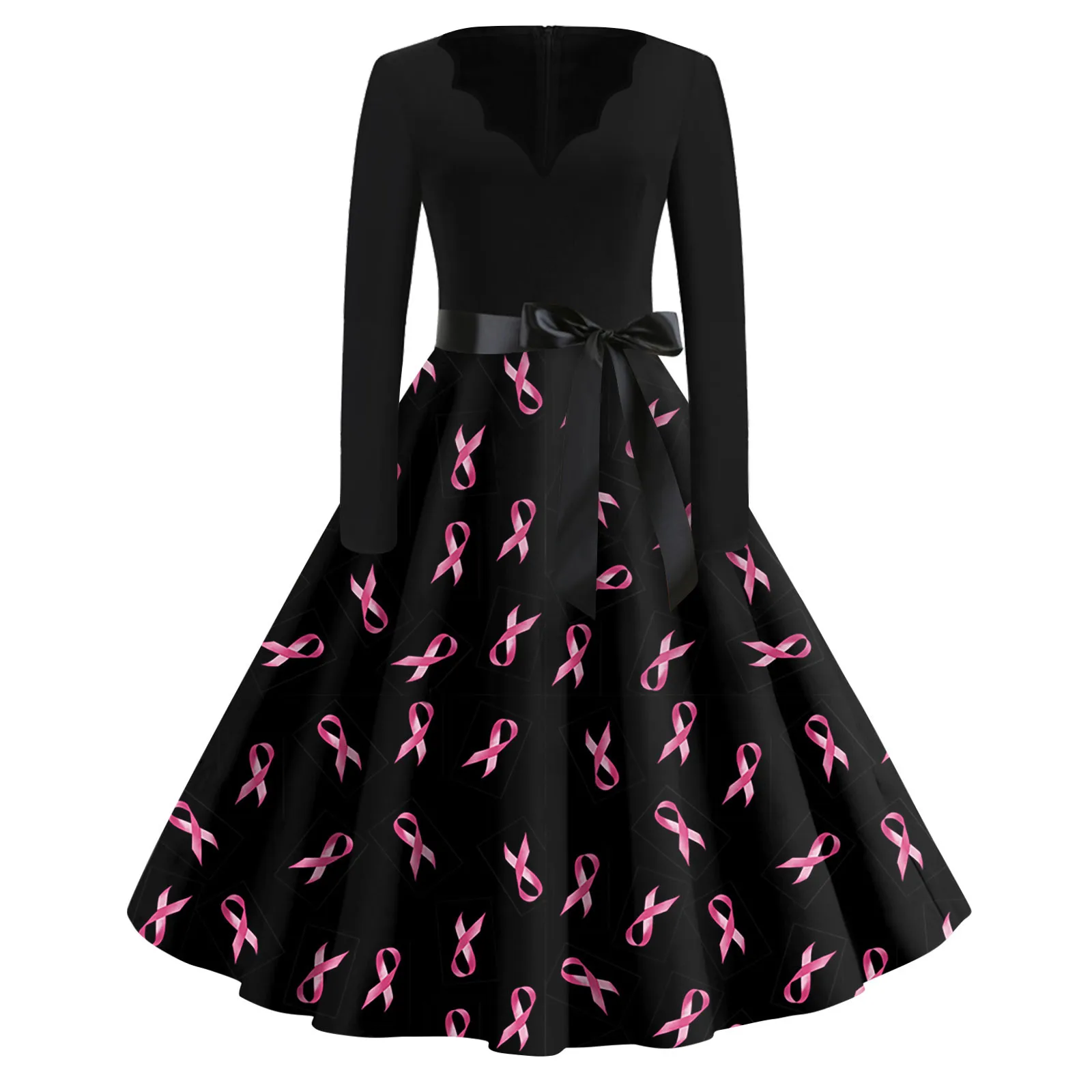 Женское модное винтажное платье с V-образным вырезом и длинным рукавом