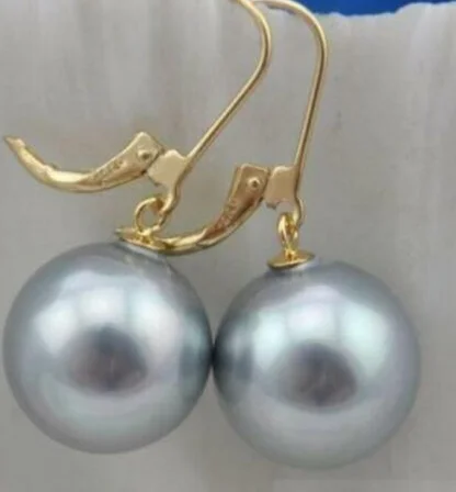 14mm Gray Round south sea shell pearl 14K GP Hook dangle earrings