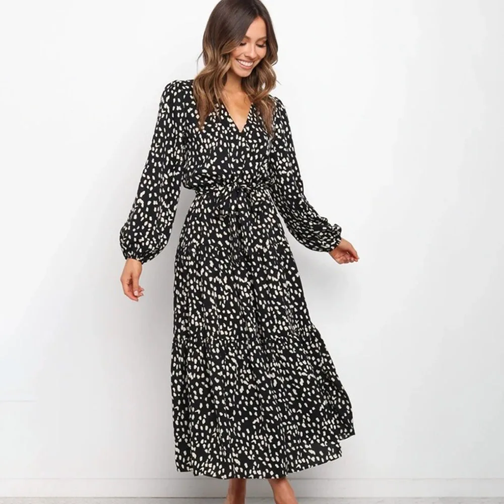 

Autumn Leopard Print Loose Big Maxi Dresses Women 2021 Casual V-neck Long Sleeve Sashes Ruffles Dress Woman Boho Long Dress