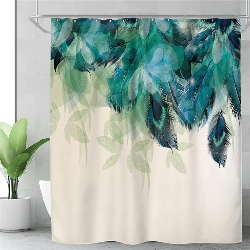 

Luxurious Peacock Feather Shower Curtains & Rugs Set with 12 Hooks, Non-Slip Pedestal Rugs, Toilet Lid Cover and 71" Shower Curt
