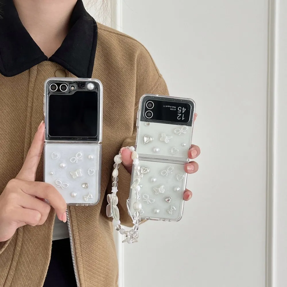 Чехол для Samsung Galaxy Z Flip 5 4 3 блестящий клей с ремешком Прозрачный складной