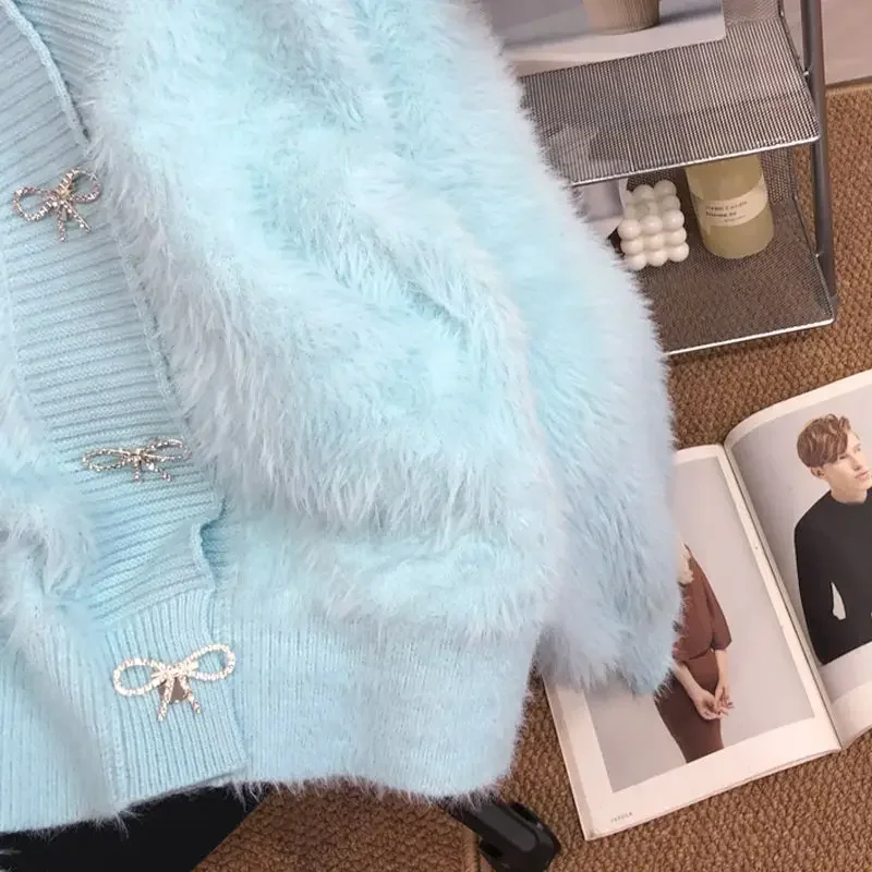 Вязаный кардиган свитер розовый норковый пальто женский осенний утолщенный