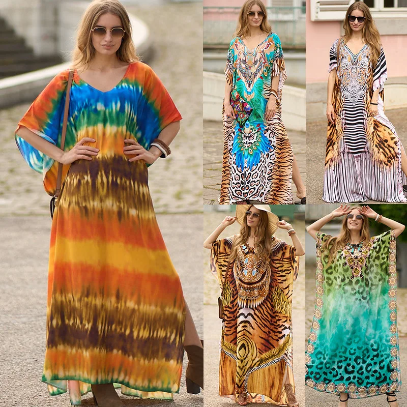 

Cover-ups Print Boho Style Long Beach Cover Up Robe Plage Pareos Dress Loose Women Maxi Summer Dress Tunic for Beach Sarong