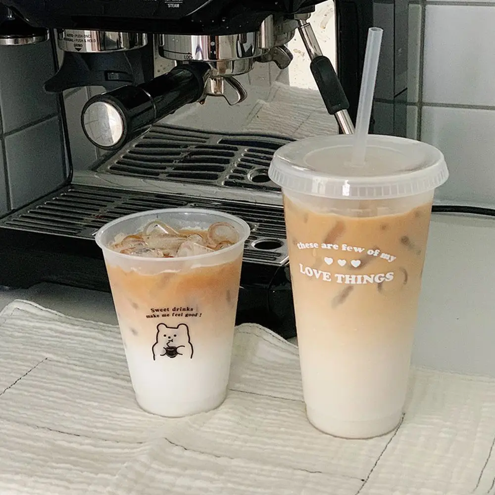 

Kawaii Coffee Juice Milk Tea Portable Reusable Water Bottle Cold Cups With Lid Straw Drinking Bottle
