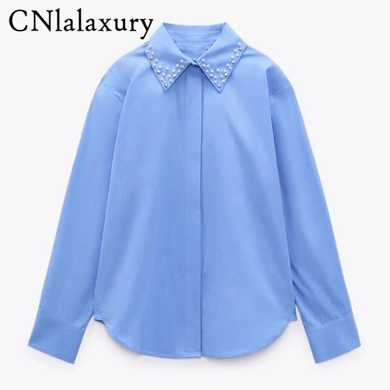 

CNlalaxury 2022 Spring Summer Women Vintage Blue Cotton bead Blouse Long Sleeve Chic Female Casual Loose Shirt Blusas Femininas