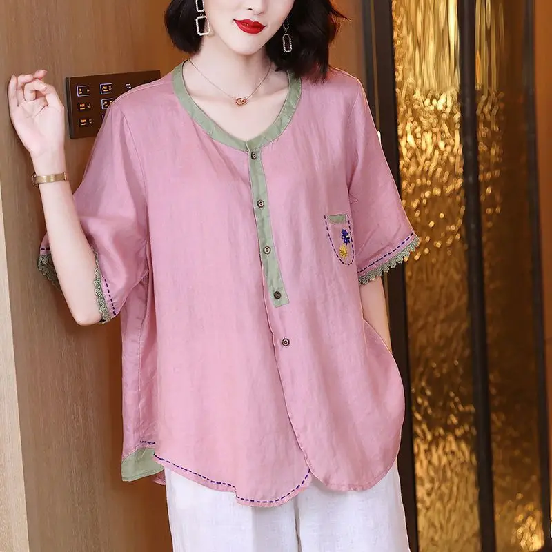 

Ethnic Style Women's O-neck Solid Pink Vintage Print Loose Shirt Oversized Half Sleeve Blouses Tops Women Casual Shirts A101