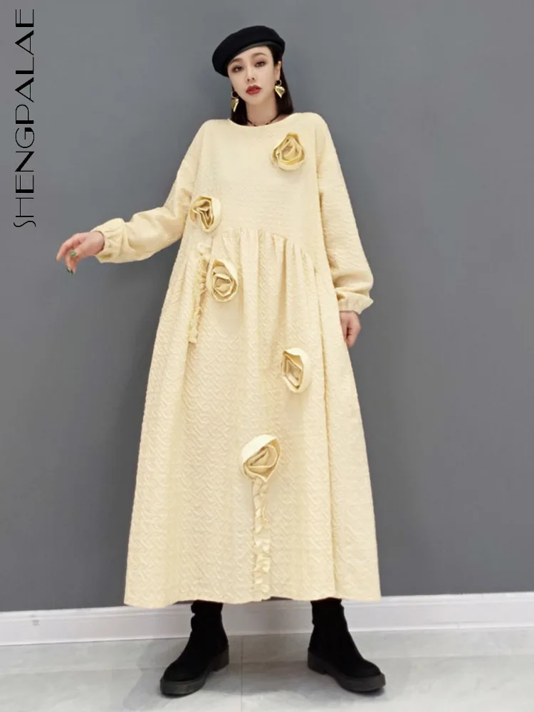 

SHENGPAIAE 2023 Autumn New O-neck Dress Fashion Loose Long Solid Color Three-dimensional Flower Decoration Casual Women 5W976