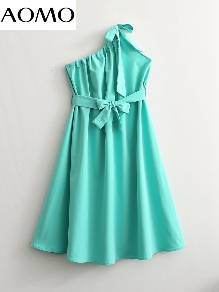 

AOMO 2022 Fashion Women Bow One Shoulder Off A-line Dress with Slash French Style Ladies Loose Dress 1D80A