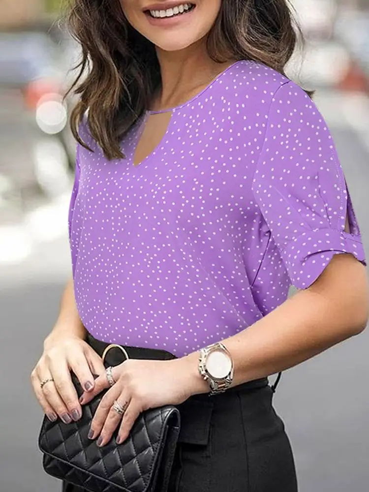 

ZANZEA 2023 Casual Women Short Sleeve Shirts Elegant Polka Dot Blouse Round Neck Loose Hollow Out Blusa Stylish OL Cuff Slit Top