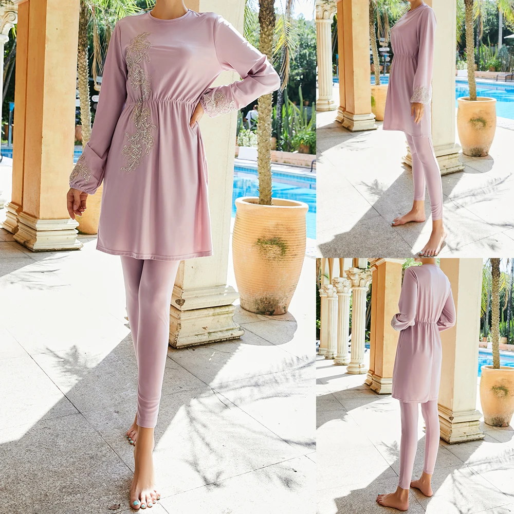 

2023 Pink Muslim Swimwear Women Modest Three Piece Long Sleeves Islamic Burkinis Wear Bathing Suit Whole Swimsuit Beachwear Robe