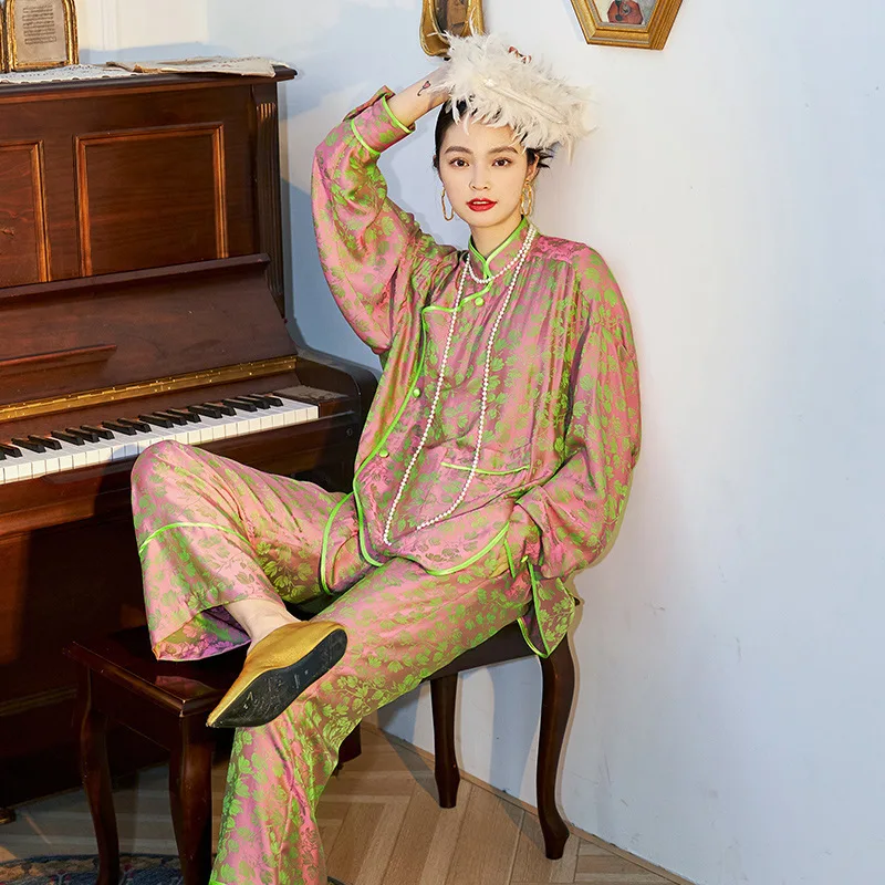 Maison Gabrielle 2022 Fall New Vintage Chinoiserie Cheongsam style Pajamas Set 2 Pieces Long Sleeve Loungewear Sleepwear Women