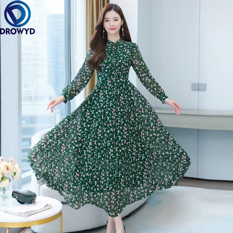 

Green Size 4XL Women Long Sleeve Dress Autumn Chiffon Midi Sukienka W Kwiaty Boho Maxi Dresses For Vestidos De Mujer Casual