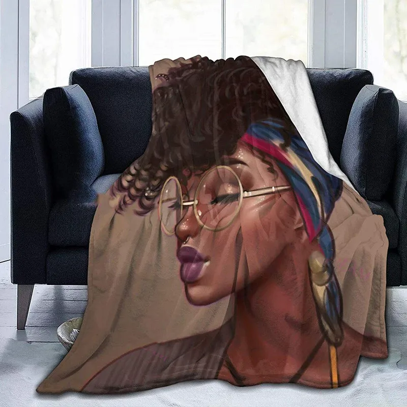 

African Girl Theme Flannel Throw Fleece Blanket American Black Natural Hair Styles Super Soft for Couch Sofa Office Camping Gift