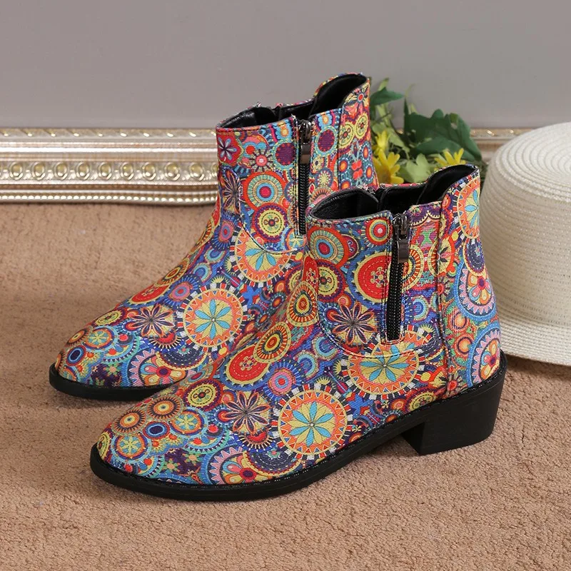 

2023 Women's Lace-up Boots Classic Print Fashion Round Toe Ladies Ethnic Boots Designer Boots Boho Style Nude Boots