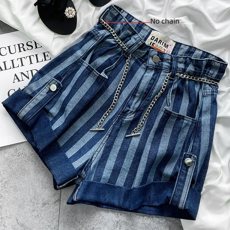 Summer New High Waist Slim A-line Casual Shorts Ladies Vertical Stripes Zipper Denim Pants Fashion Trend Women Clothing