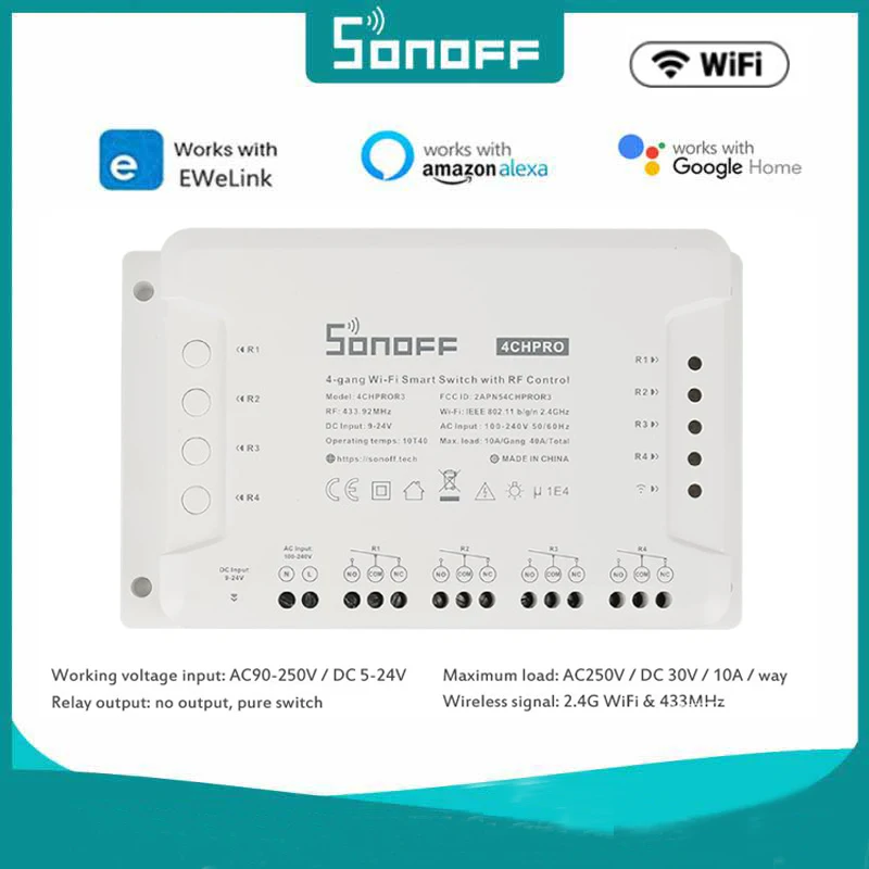 

Смарт-переключатель Sonoff 4CH Pro R3 10A /Gang, 4 канала, Wi-Fi, 433 МГц