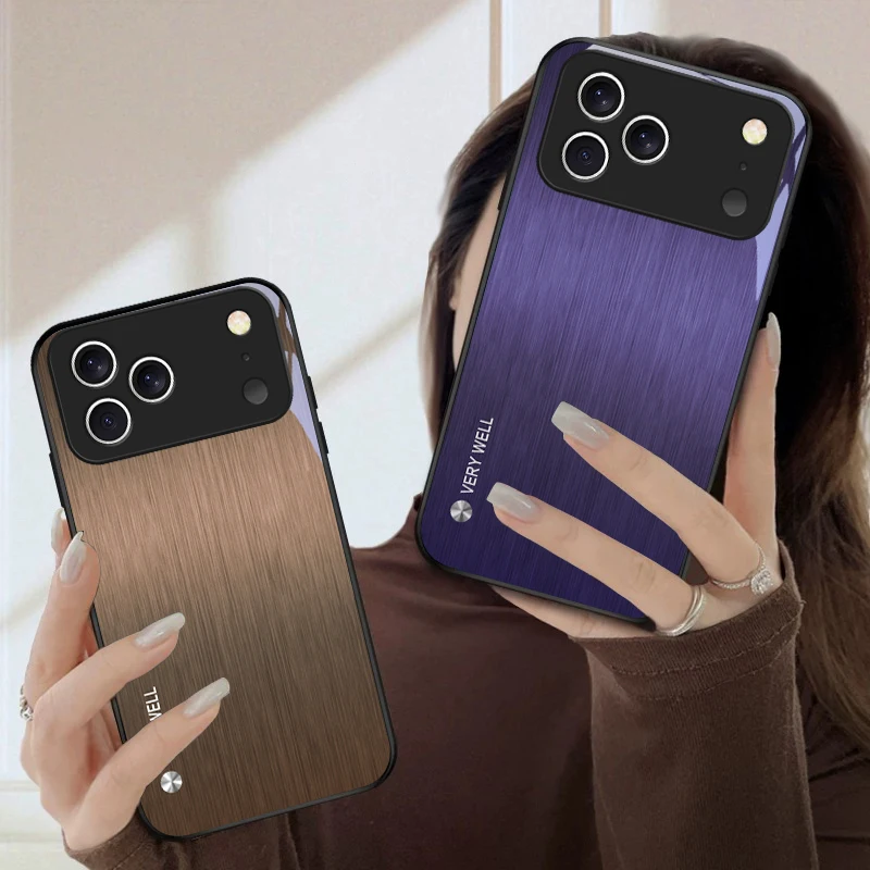 Фото Черный стеклянный чехол для iPhone 17 Pro Max, 16E, 15 Plus, 14 Pro, 13, 12 mini, 11 Air, XS Max, 5, 6, 7, 8 Plus, SE с эффектом минималистичной обработки металла №2