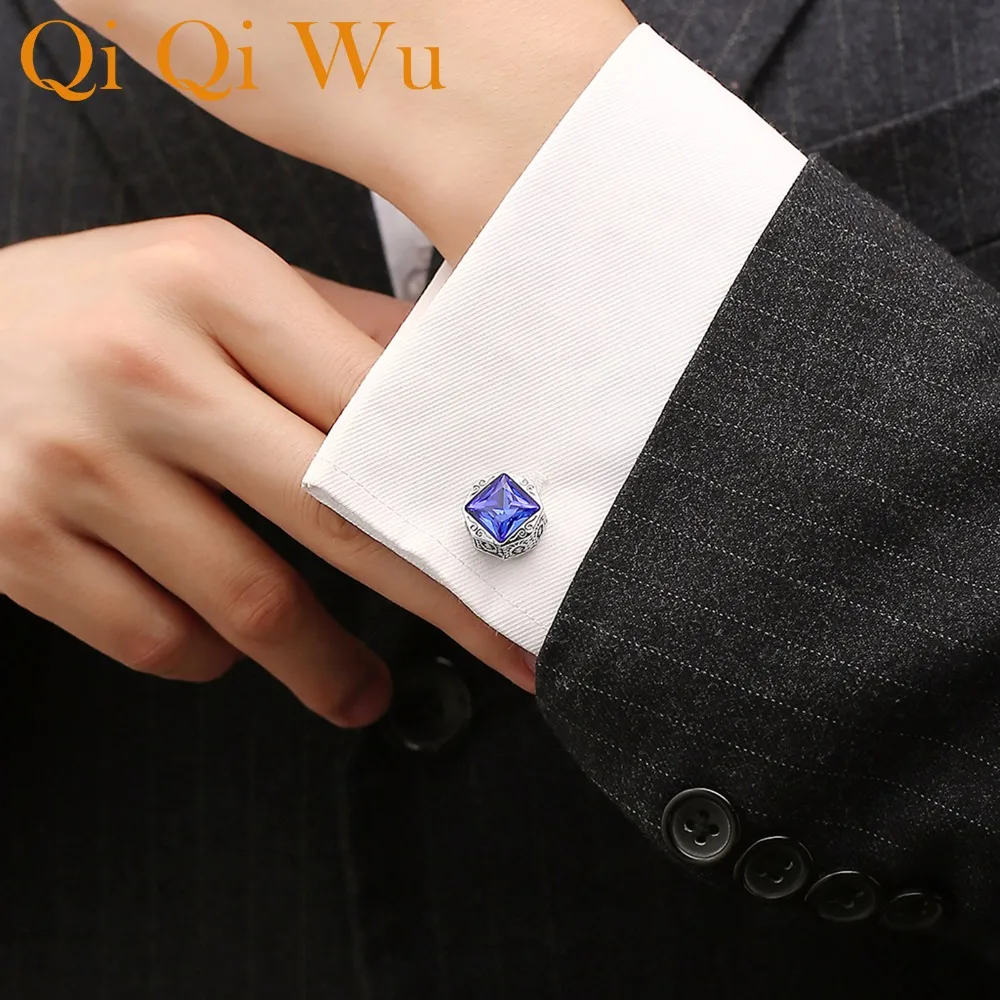 

Шестигранные металлические запонки с голубым стеклом для мужчин брендовые высококачественные запонки для рубашек с квадратными кристалла...