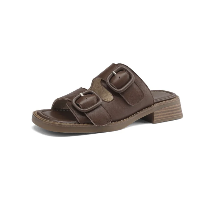 High-grade French Retro Style Leather Soft Sole Belt Buckle Slippers Female Summer Wear Fashion 2023 New Flip-flops34-43  L1260