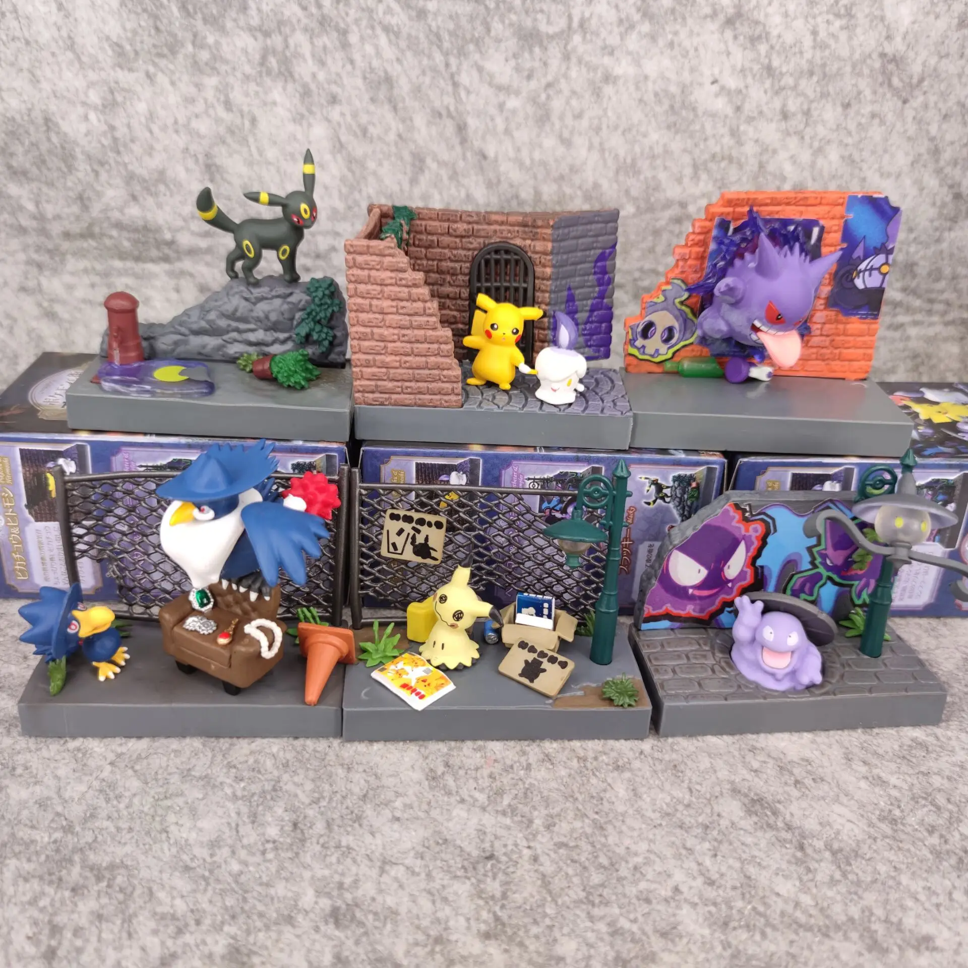 

Pokemon Anime Figure Pikachu Gengar Umbreon Cartoon Movie Peripheral Toys Doll Japanese Dark Town Micro Landscape Children Gifts