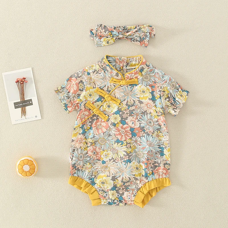 Summer Newborn Baby Girls Floral Printed Ruffle Short Sleeve Cotton Romper Jumpsuit Headband 2pcs Outfit Sunsuit 3-24M