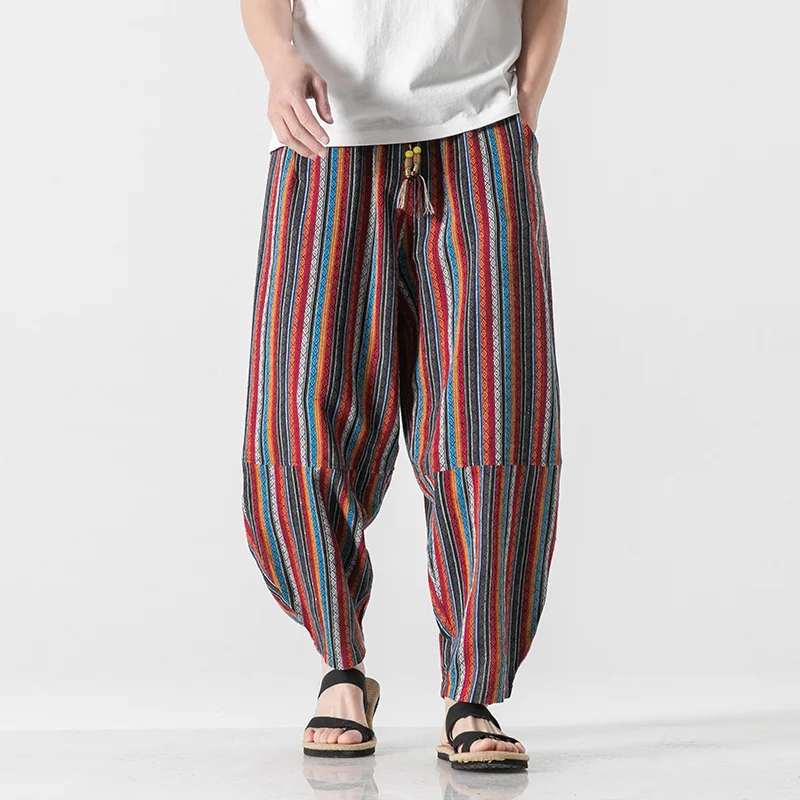 

Брюки MrGB мужские большого размера в китайском стиле, шаровары в полоску, на шнуровке, свободные винтажные штаны с эластичным поясом, 5XL