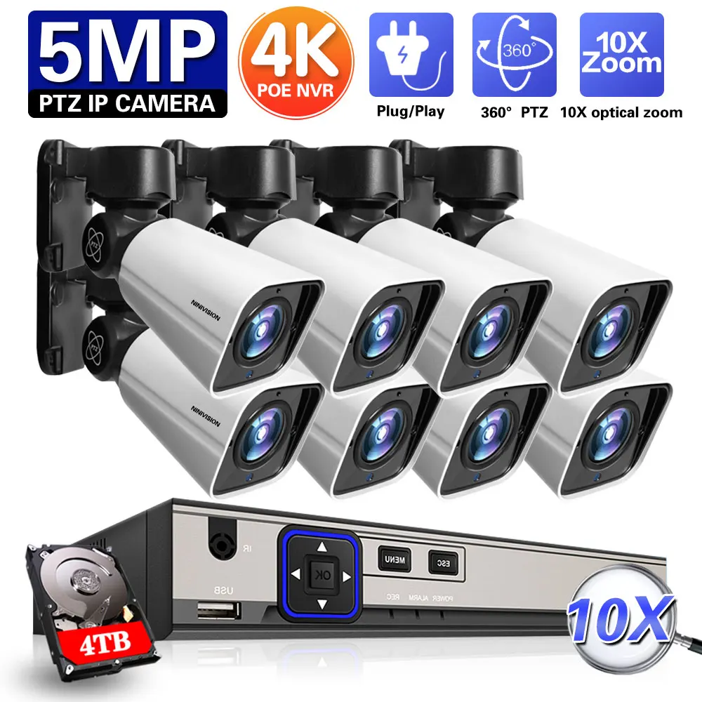 

4K 8CH POE NVR System Kit IP 5MP Bullet PTZ Camera Pan Tilt 10X Zoom Humanoid Detection P2P MINI Surveillance Video Camera Set