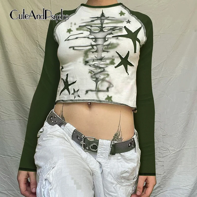 

Cuteandпсиходелический Ретро Звездный принт женский эстетический лоскутный Топ в стиле Харадзюку 90-х, уличная одежда, готический шикарный женский наряд Y2K