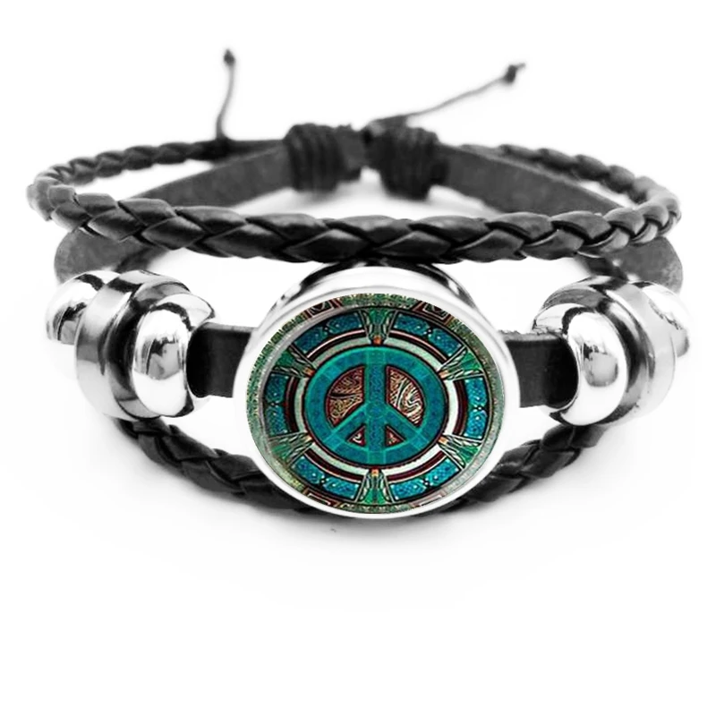 

initial/hippie Peace Logo Glass Dome Button Bracelet DIY Handmade Fashion Jewelry Vintage Charm Black Bracelet Fashion Gift