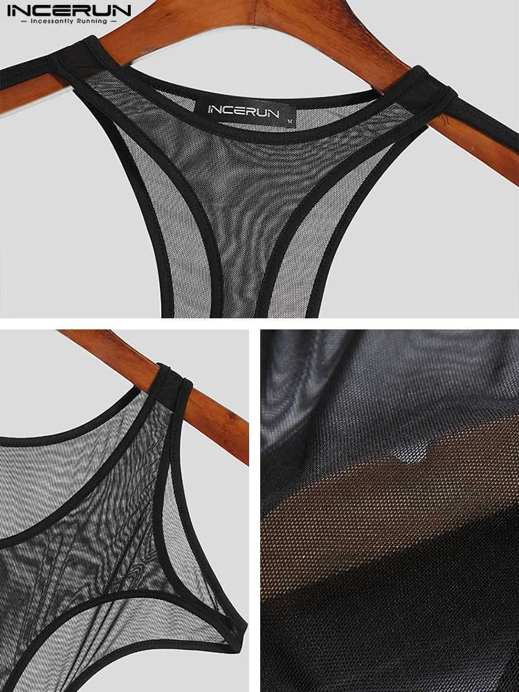 INCERUN 2023 Comfortable Homewear Sexy Casual New Men See-through Mesh Onesies Fashion Thin Long Sleeve Triangle Bodysuits S-5XL
