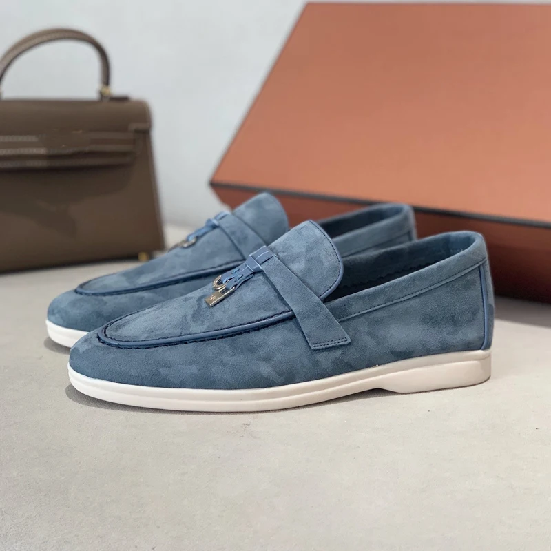 Loro Shoes Designer Suede Women loafers 2023 Summer Men Flat Shoes Metal Lock Slip-on Causal Moccasin Comfortable Mules lazy