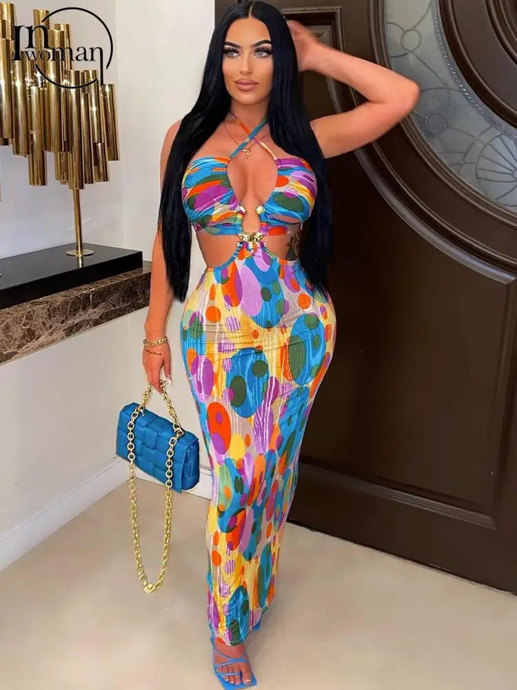 

Inwoman Spring Sexy Print Hollow Out Maxi Dresses Beach Outfit Women 2023 Halter Backless Party Long Dress Color Women Clothing