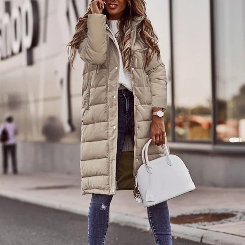 Mid Length Windproof Black Parkas Women Korean Fashion Slim Warm Hooded Winter Coats Button Zipper Thick Quilted Cotton Jacket