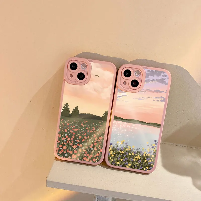 

Field Flower Scenery Phone Case For iphone 14 11 12 13 Pro Max 14 Plus 7 8 Plus SE 2020 X XR XS Soft Silicone Back Cover Fundas