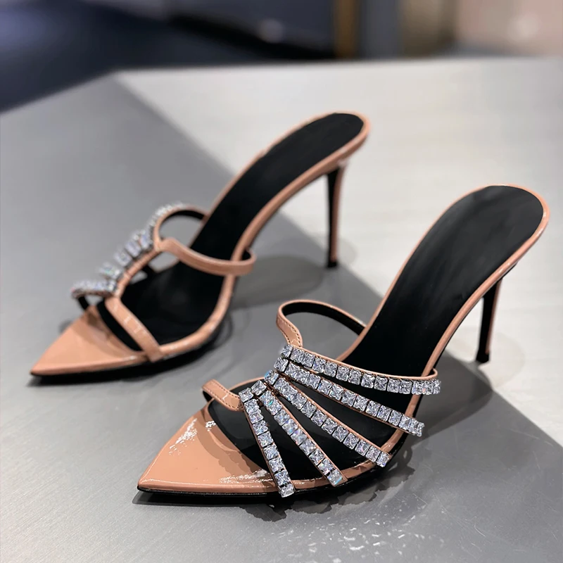 

2023New French Women Apricot Slippers Crystal Narrow Band Prom Party Summer Shoes Black High Heels Rhinestone Lady Slides Mujer