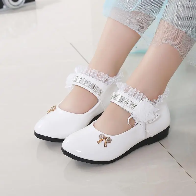 

21-36 Girls Shoes Spring Autumn New Flower Princess Lace PU Leather Shoes Cute Bowknot Rhinestone For 3-11 Ages Toddler Shoes