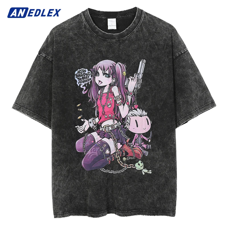 

Hip Hop Men Harajuku Streetwear Japanese T-shirt Anime Girl Graphic Washed Black T-Shirt Summer Short Sleeve Vintage Cotton Tops