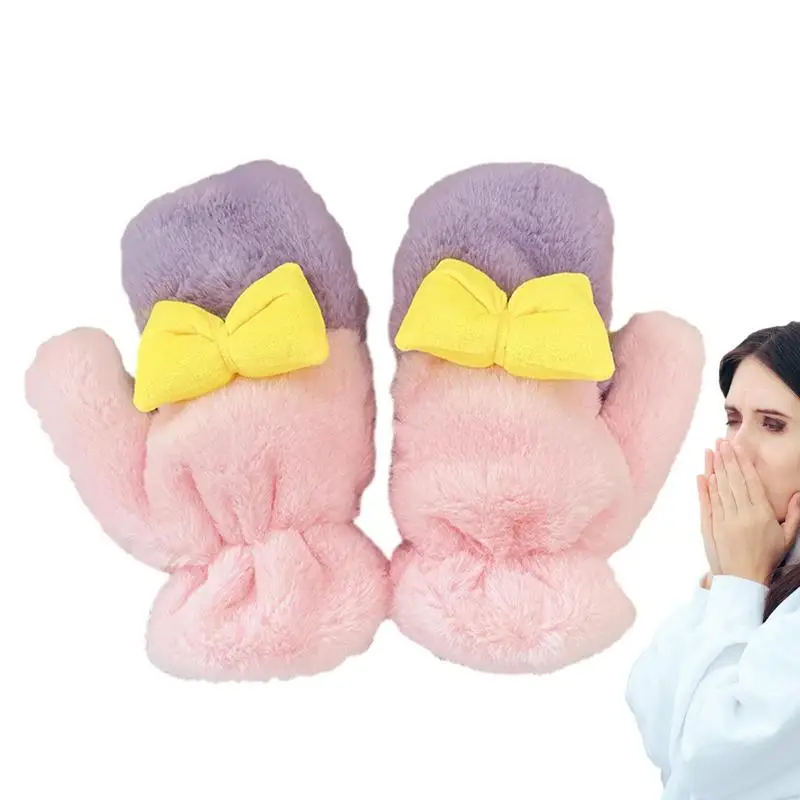 

Women Warm Gloves Girls Plush Cute Princess Gloves Hanging Neck Color Contrast All Finger Riding Cold-proof Gloves For Girls And